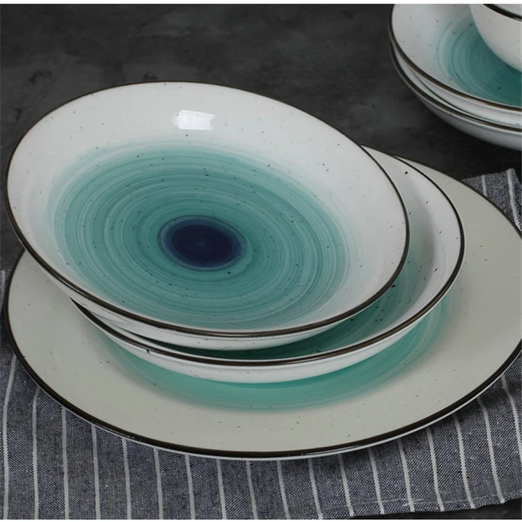 Speckled dinnerware cheap green sprial printed inside bowl stoneware dinner set for hotel