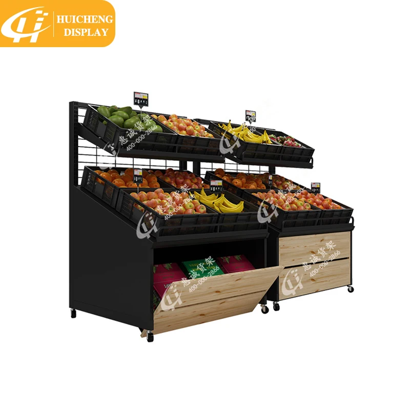 Customized Retail store wooden fruit vegetable display rack storage shelf with basket