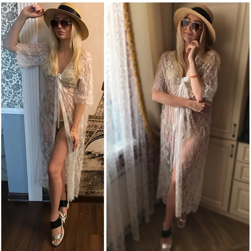 2019 Sexy Transparent Long Lace Beach Tunic Kimono Cardigan Half Sleeve Embroidery Shirt Women Top Blouse Robe Sarong De Plage