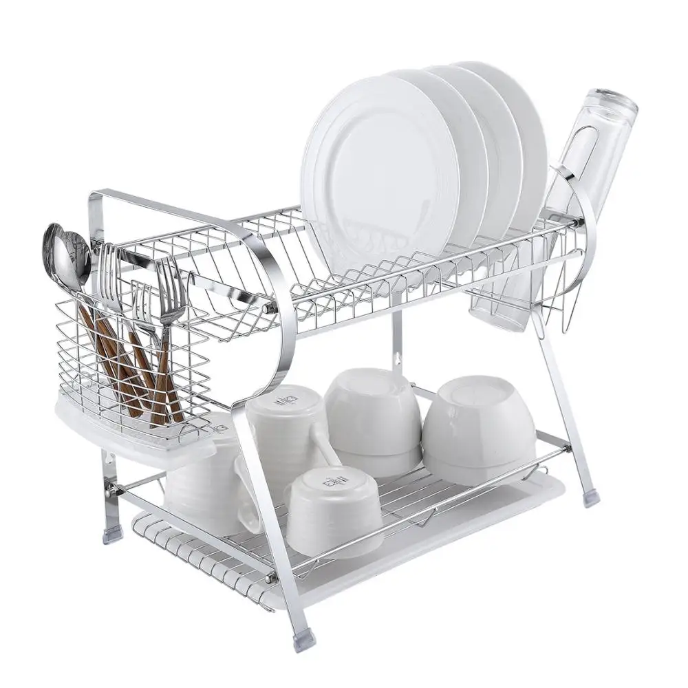 New design R shape kitchen organization 2 tiers metal dish drying rack