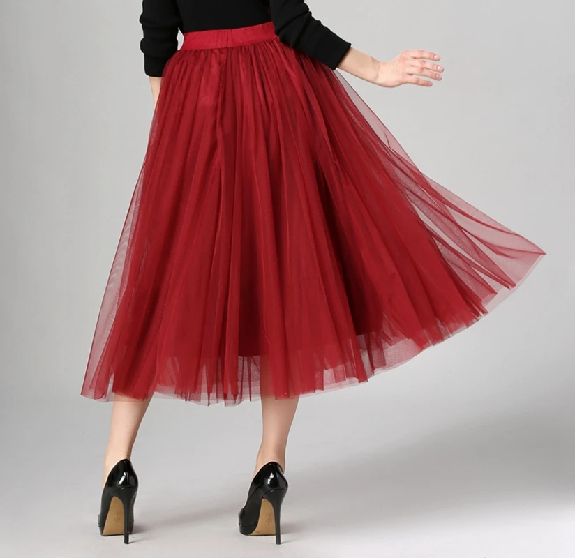 Fashion Ladies Stylish Elastic High Waisted Pleated A-line Mid-calf Tulle skirts