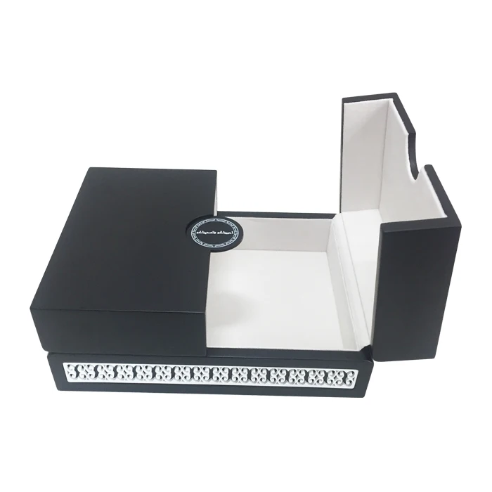 
Custom luxury black matt finish wooden gift packaging box with engaved pattern 