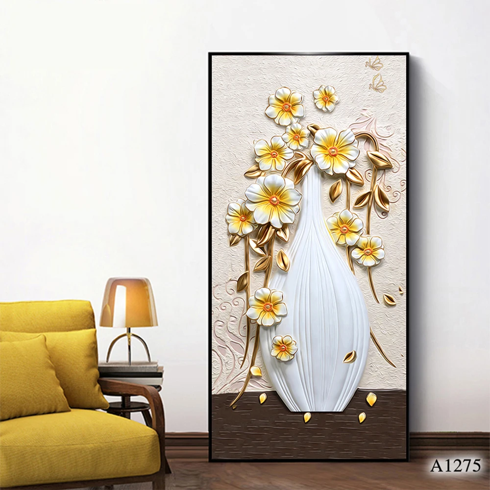 New design atrwork indoor decor gold flowers and vase 3d relief painting