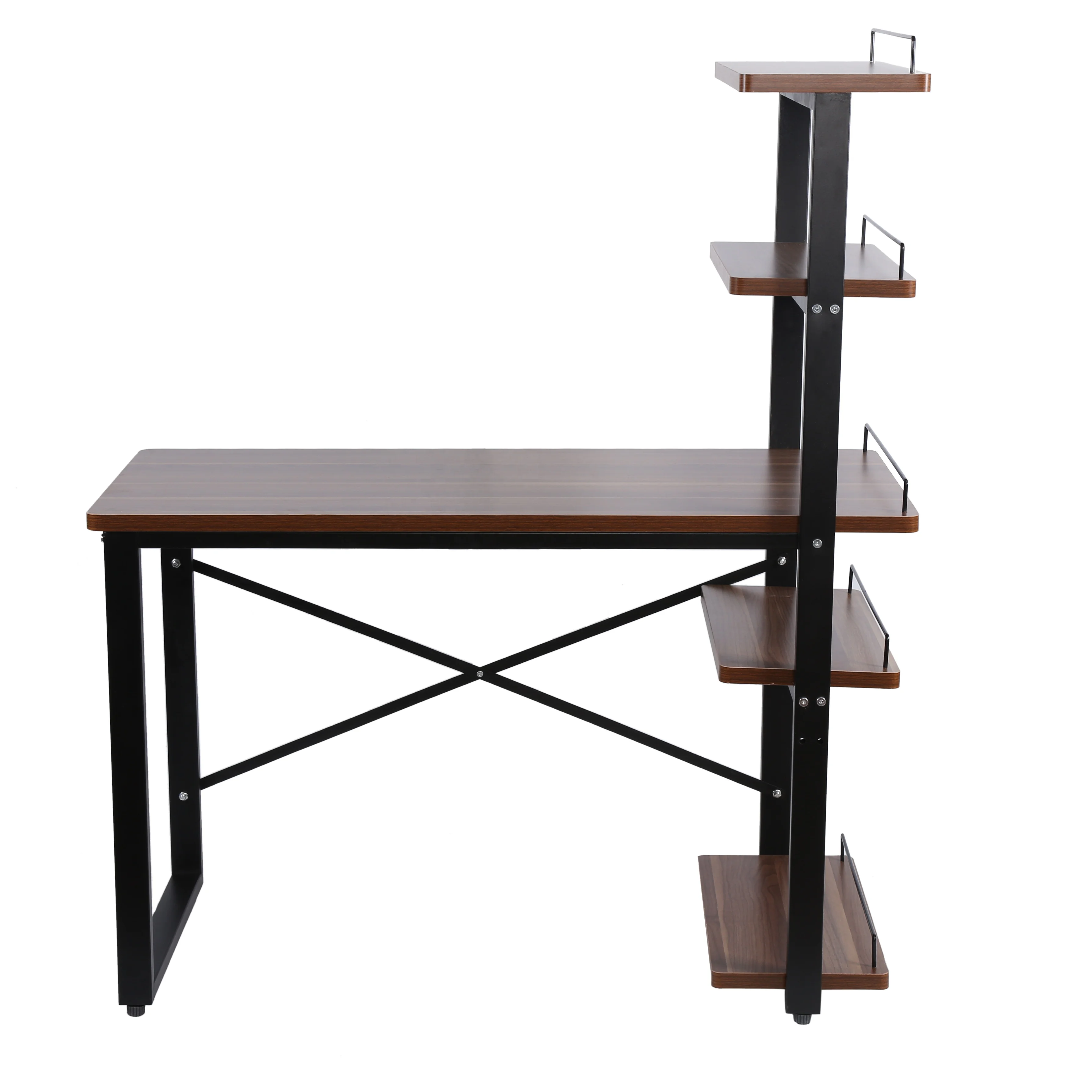 Modern metal and solid wood office computer desk with bookshelves