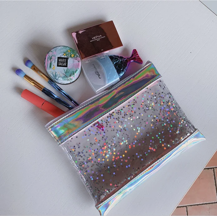 Girls Fashion Waterproof Makeup Bag Paillette Glitter Move Stars Clutch with Zipper Closure Transparent PVC Plastic Logo Pattern