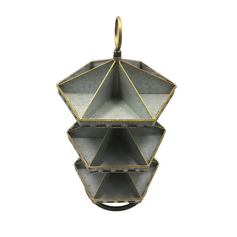 3-Tier Antique Silver Hexagon Metal Storage Trays With Gold-rimmed metal tray