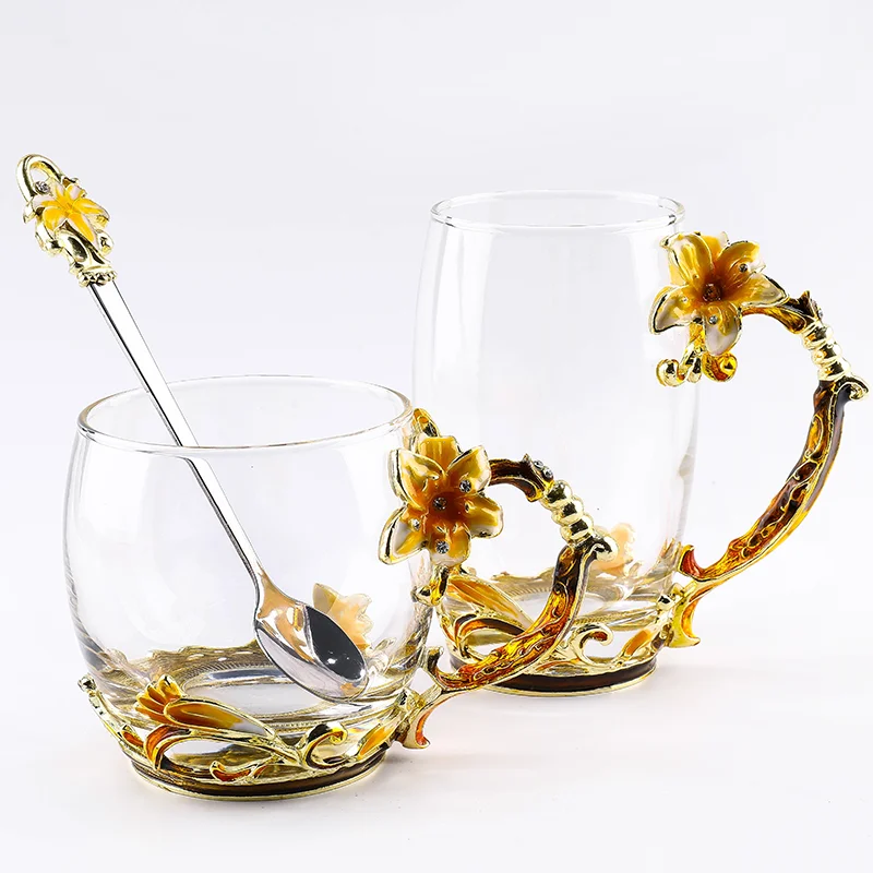 
Creative Lily Enamel Cup Carved Diamond Flower Tea or Coffee Cup Crystal Heat Resistant Glass Water Cup 