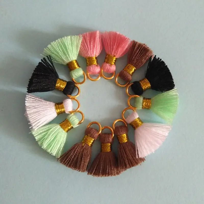 factory custom free sample 700 colors 1.5cm mini cotton tassels for jewelry ,tassel cotton with golden ring