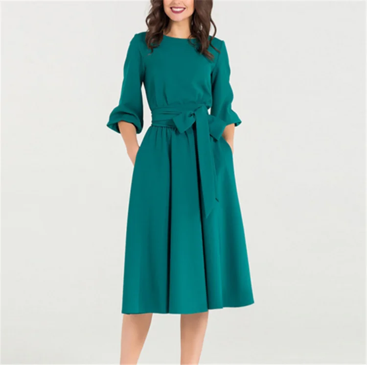 
Solid Color Round Neck Slim Vintage Dress Casual Elegant Vintage Evening Dress 