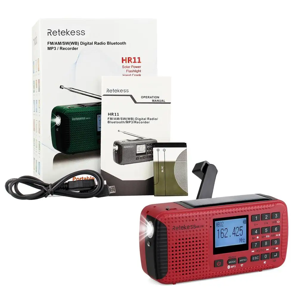 Portable FM AM NOAA Weather Emergency Radio Hand Crank Solar MP3 Player Digital Radio Recorder Retekess HR-11W