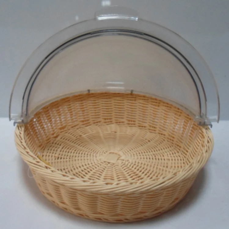 Good Quality Round Rattan Bread Basket , Buffet Display Plastic Rattan Basket with PC Cover