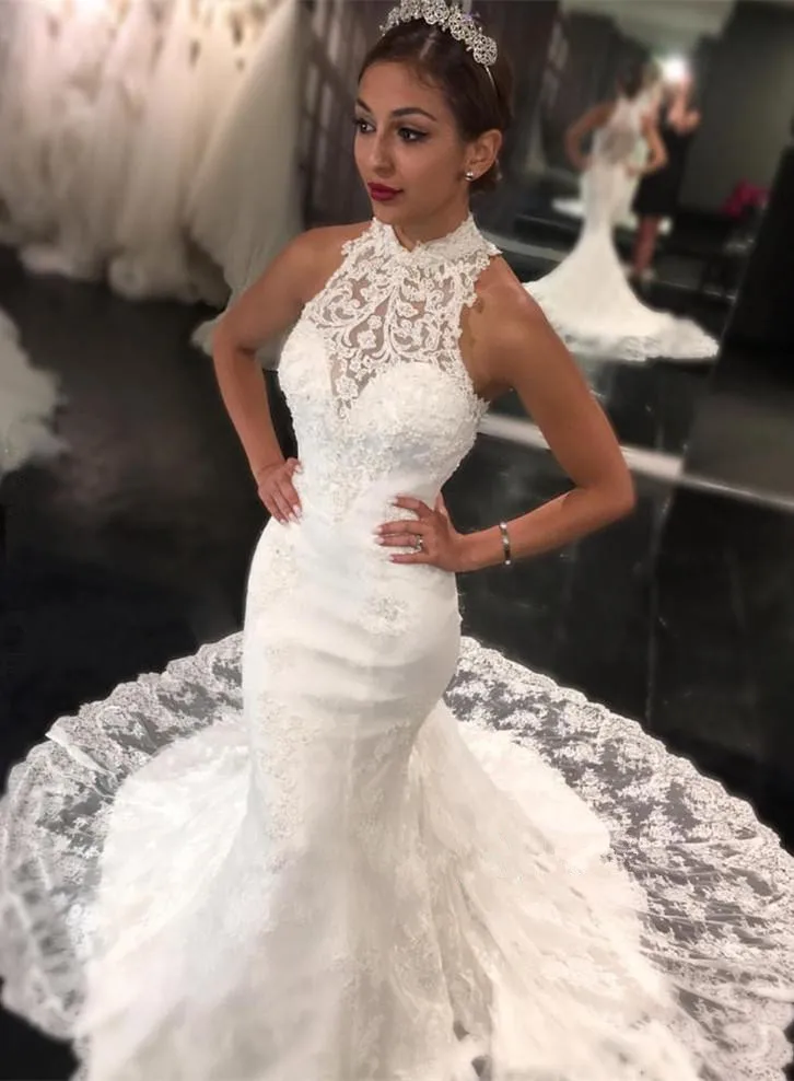Newest High-Neck Sleeveless Sweep-Train Mermaid Lace Wedding Dresses African Bridal Dress Fish Tail Wedding Gowns