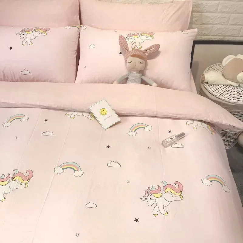 
High quality comfortable reactive printing 100% cotton 4pcs bedding set pink twin unicorn printed kids bed sheet set 