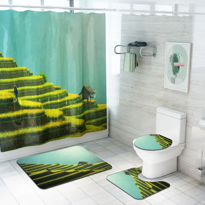 100% Polyester Custom Print Modern  Bathroom Shower Curtain and Sets with Matching Rugs