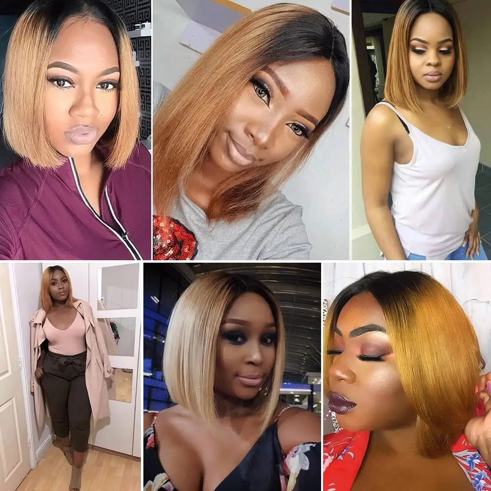 Two Tone 1B 27 Human Hair Blunt Cut Natural Hairline Short Bob Wig With Baby Hair