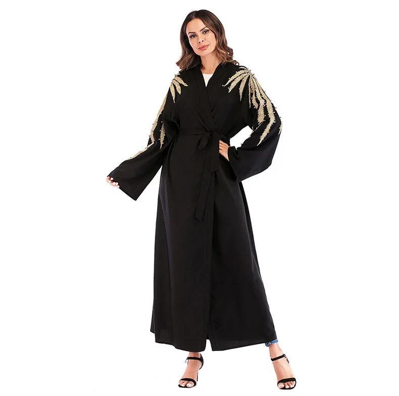 Quality in Stock Arabic Islamic Clothing Embroidery Big Free Size Front Closed Black Abaya