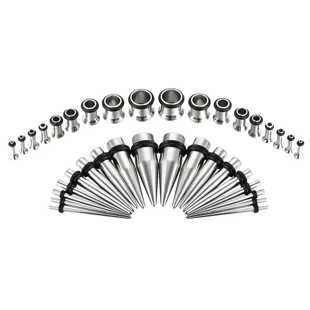14G-00G 36 Pcs Gauges Kit Ear Stretching Surgical Steel Tunnel Plugs Tapers Piecing Set