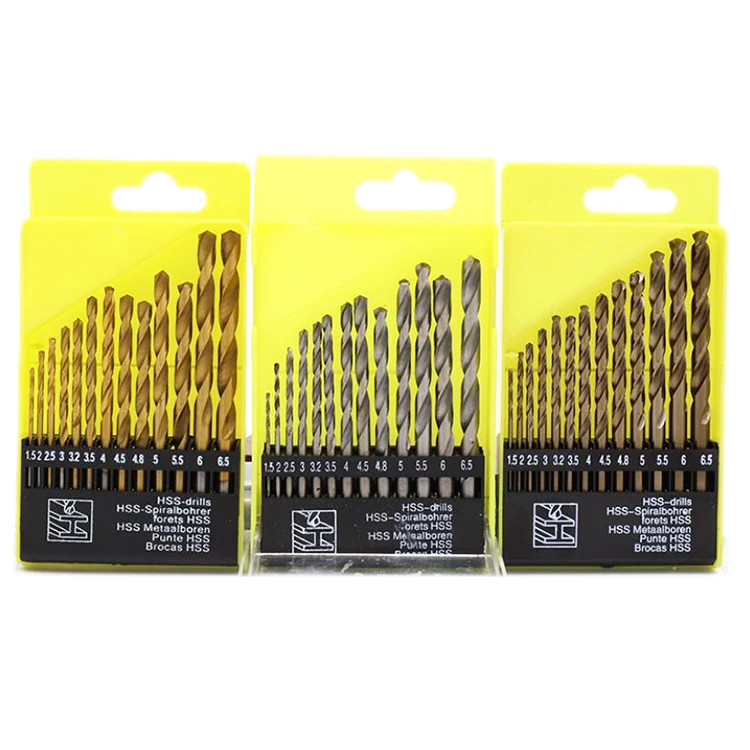13pcs HSS TiN Titanium coating straight Twist drill bits 1.5 2 2.5 3 3.2 3.5 4 4.5 4.8 5 5.5 6 6.5mm plastic box packaging