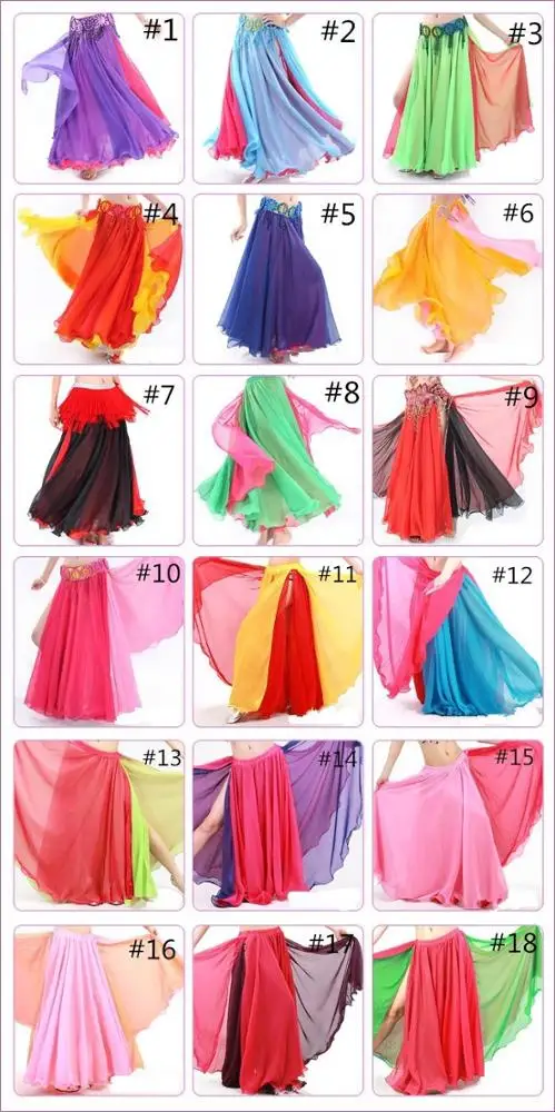 Hot Sale Contrast Colors Women Belly Dance Skirts Side Split Full Circle Long Bellydance Skirt Chiffon Ballroom Dance skirt