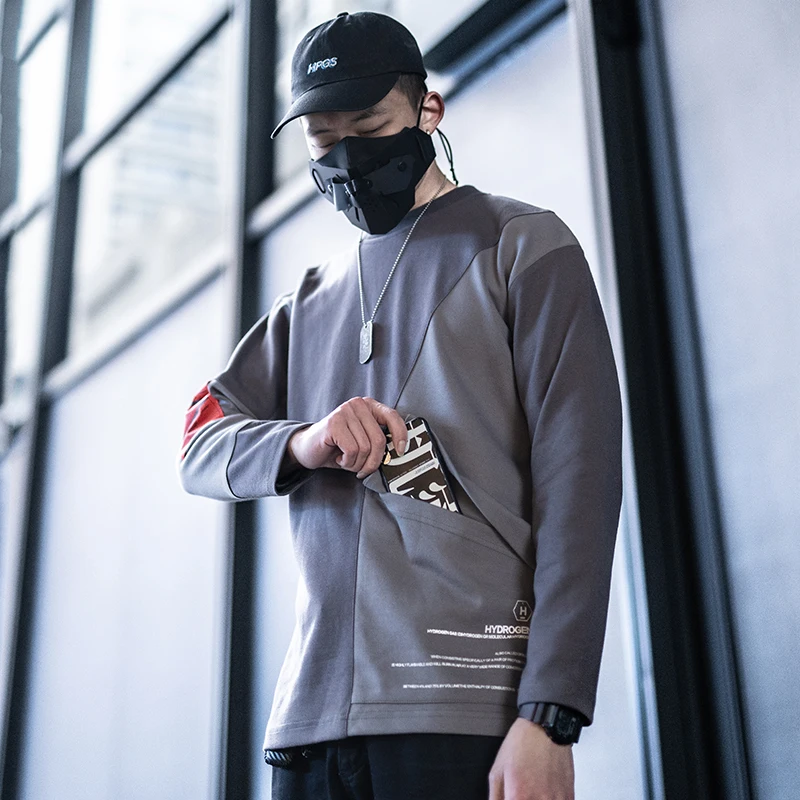 Killwinner spring and autumn round neck tshirts street tide casual grey stitching cotton long sleeve t shirt for man