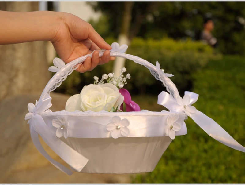 Wedding flower basket Large Satin white Basket Elegant Flower Girl Ivory Basket
