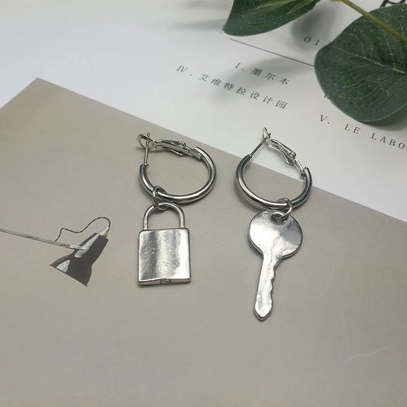 silver hoop padlock and key asymmetry charm earrings huggie lock key drop earrings mismatched