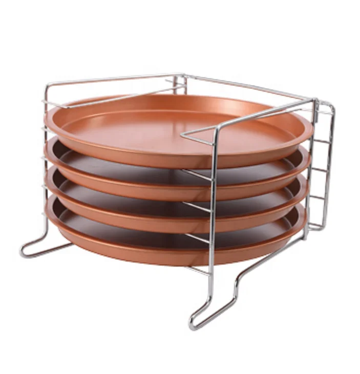 
k-128-S4--copper PIZZA PAN SET OF 4 WITH SHELF carbon steel 
