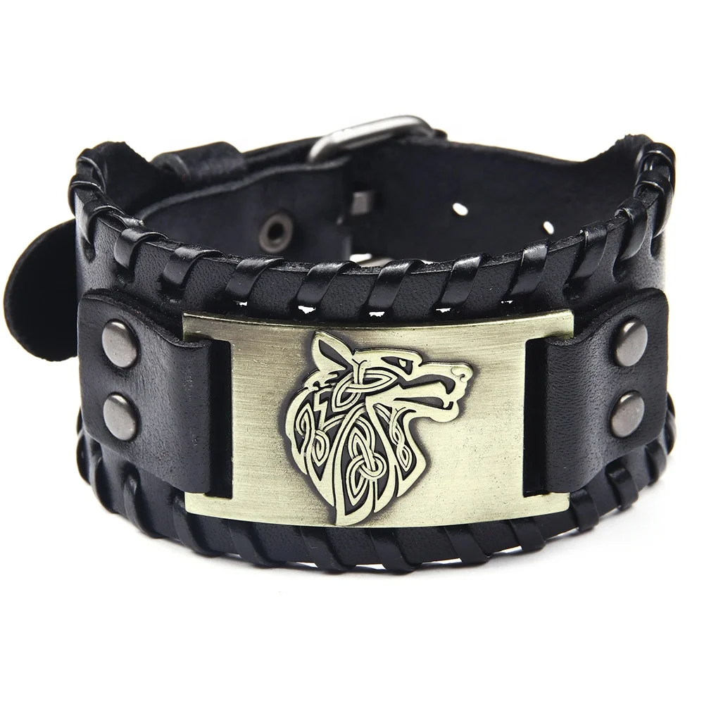 Wholesale  Genuine Leather Wolf Head Piece Bracelet for men women,Custom Animal Shape Embossed Bracelet
