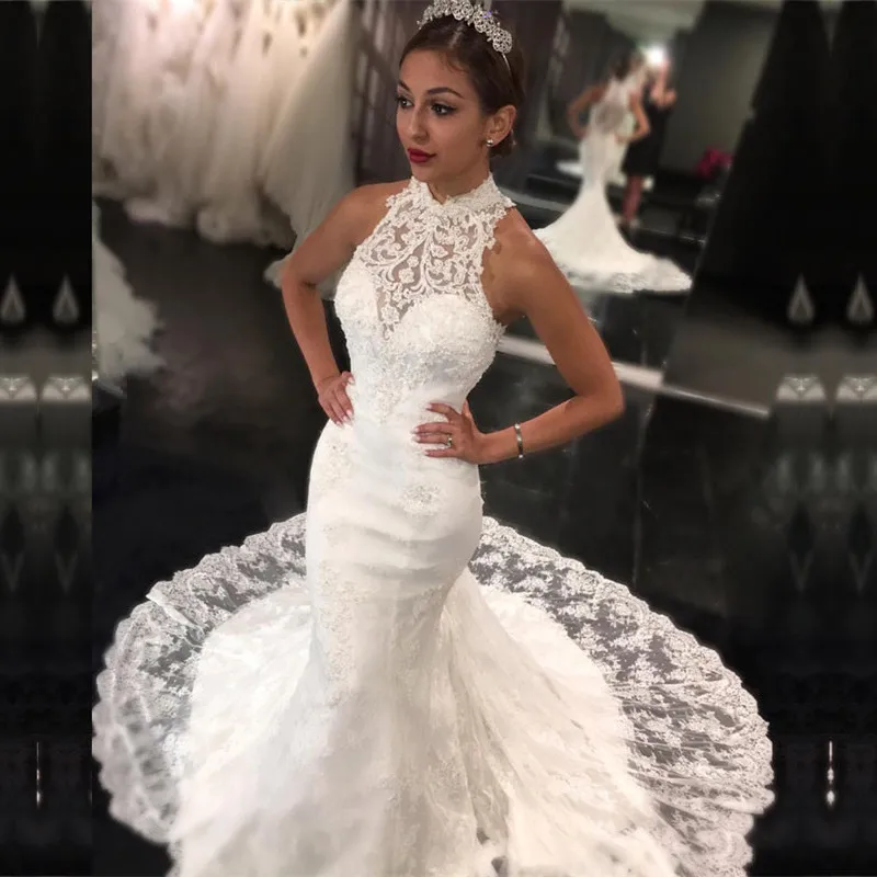 Newest High-Neck Sleeveless Sweep-Train Mermaid Lace Wedding Dresses African Bridal Dress Fish Tail Wedding Gowns