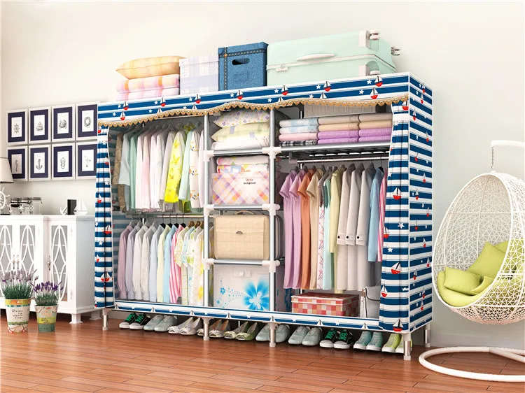 
Modern fashion big size portable 25mm steel tube frame cloth wardrobe with colorful fabric 7766 