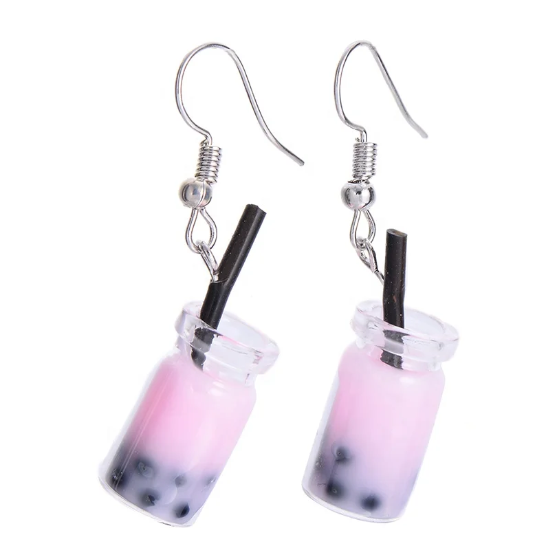 Fashion Candy Color  Lovely Fruit Milk Tea Drink Charm Bottle Resin Drop Earrings Yellow Lemon Cup Dangle Earring For Girls