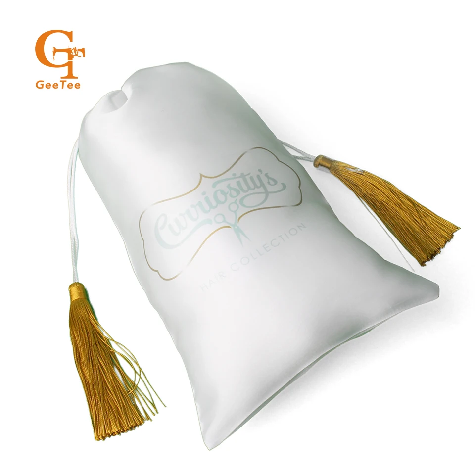 custom logo shop name Virgin hair bundle extensions packaging bags,Customized Luxury silk satin bags hair packing with tassel