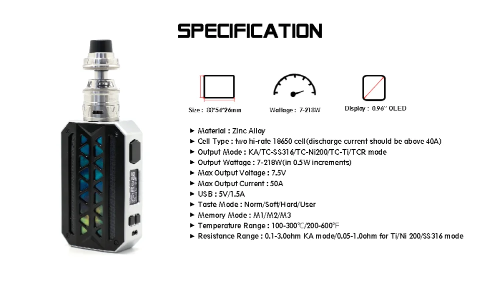 
high quality Vzone E-cigarette Vape Mod eMASK 218W with dual batteries and it has water protection,multiple output modes. 