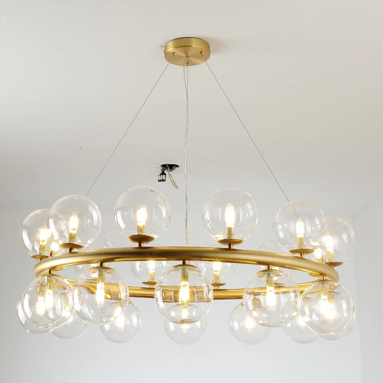 Wholesale Golden Iron Frame Golden Chandelier Modern Nordic Type CE Certificate Round Pendant Lamp with Glass Globes