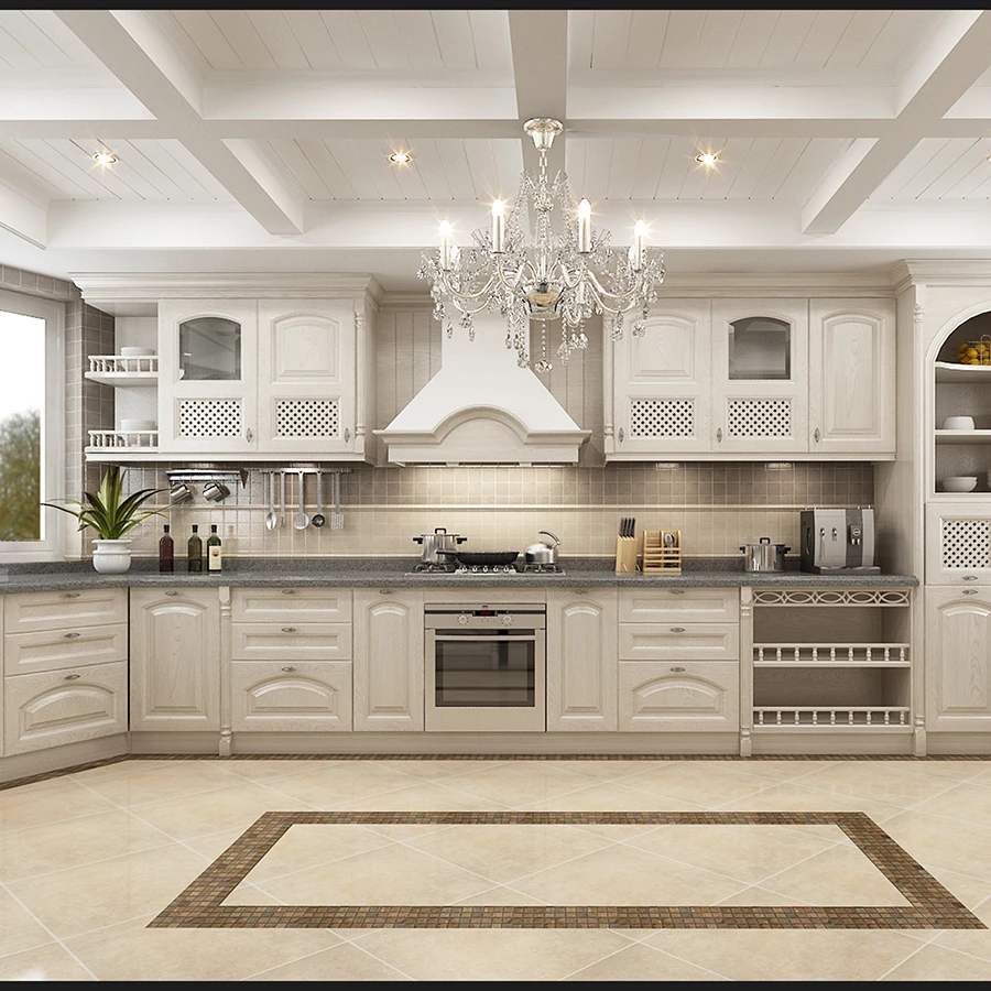 New Model Antique White kitchen cabinet Designs Cherry Solid Wood Kitchen Cabinet