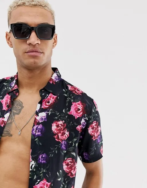 KY Rose custom print Point collar Button placket short sleeve button up shirt men and mens beach shorts