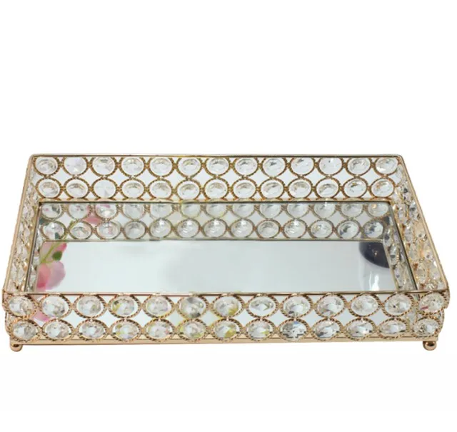 Home Decorative Rectangle Metal Serving Tray Crystal Perfume Jewelry Vanity Container