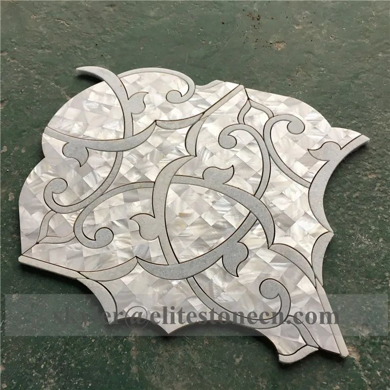 luxury mother pearl of shell and blue marble mixed waterjet mosaic tile