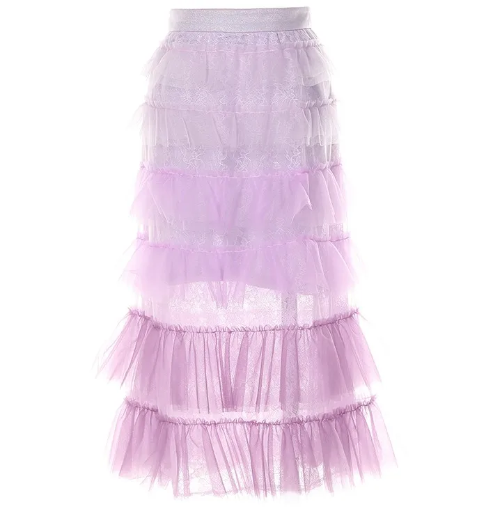 2022 New Fashion Women With Lining Bow Mesh Lace Patchwork Long Skirt Dress Elastic Waist Solid Color Sweet Casual Bubble Skirt