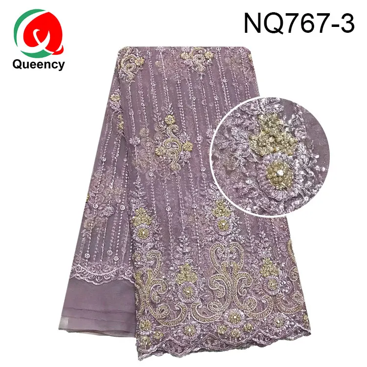 Queency New special hand made beads and stones french lace fabric for wedding and party bridal dress