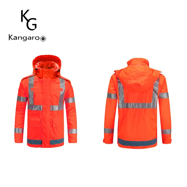 Fluorescent Orange reflective waterproof High visibility hooded Raincoat