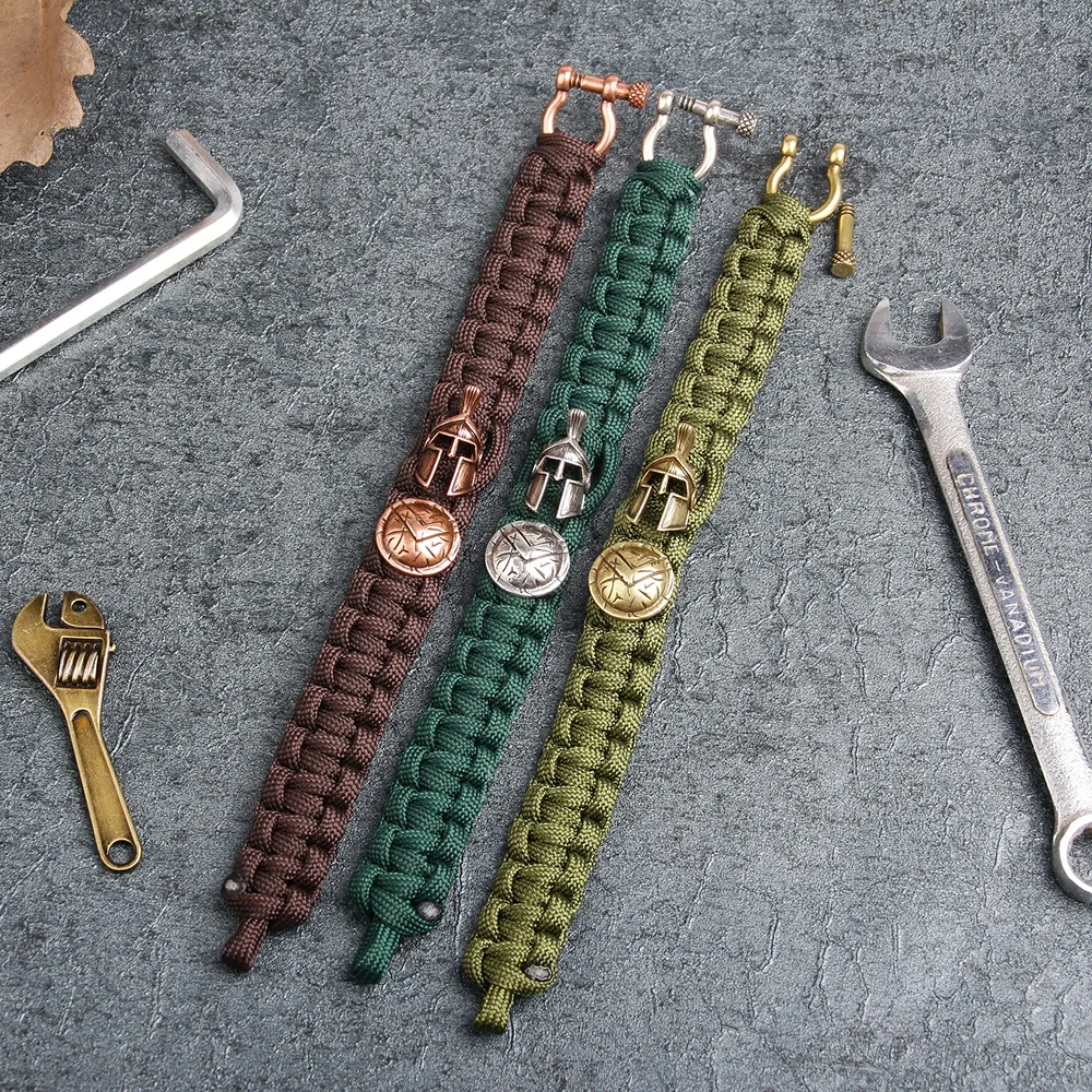 Outdoor Enthusiasts Hand Woven Nylon Umbrella Ropes Copper Sparta Helmet Charm Survival Bangles & Bracelets