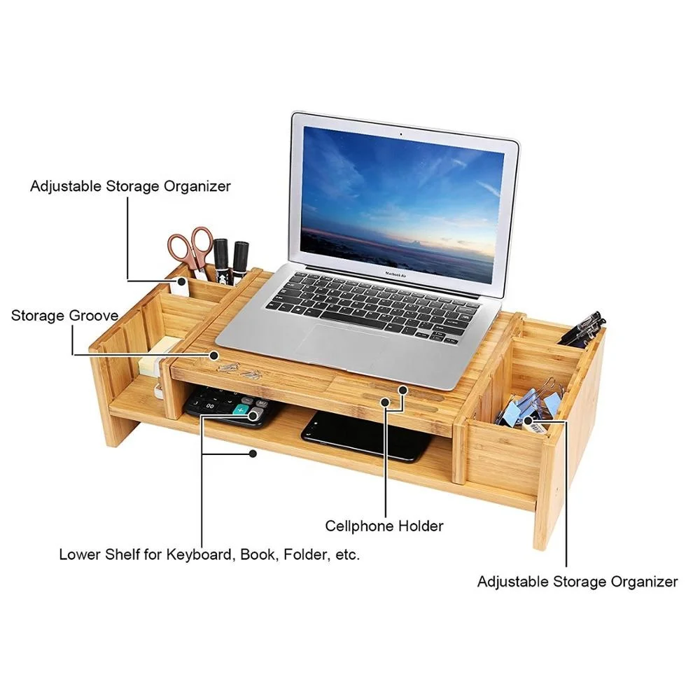 Bamboo 2-Tier Monitor Stand Riser with Adjustable Storage Organizer Laptop Cellphone TV Printer Stand