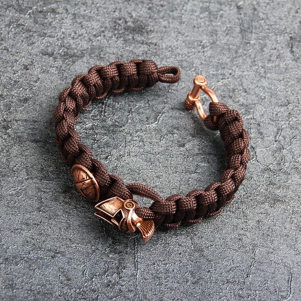 Outdoor Enthusiasts Hand Woven Nylon Umbrella Ropes Copper Sparta Helmet Charm Survival Bangles & Bracelets