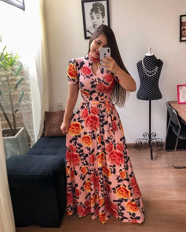 Women Long Maxi Dress 2019 Summer Floral Print Boho Style Beach Dress Casual Short Sleeve Bandage Party Dress Vestidos Plus Size