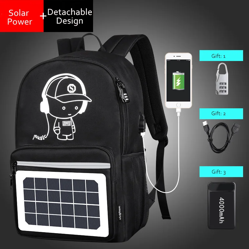 Reflective Smart Design Waterproof Solar Panel Laptop Backpack Bag With USB Charging