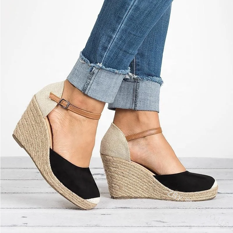 Fashion Women Closed Toe Espadrilles Platform Heel Wedge Shoes Ankle Strap Sandals