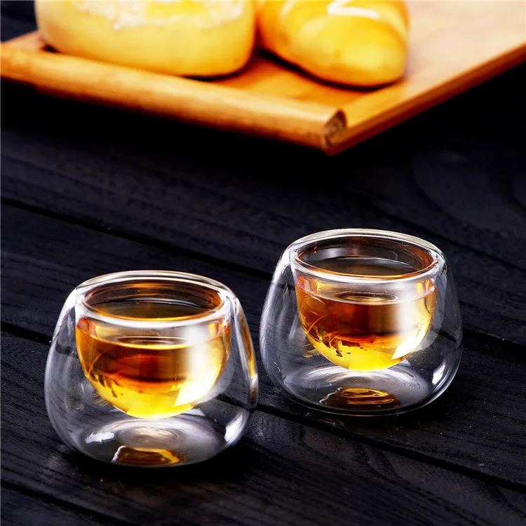 heat resistant double wall glass teacup, round small tea mug 50ml