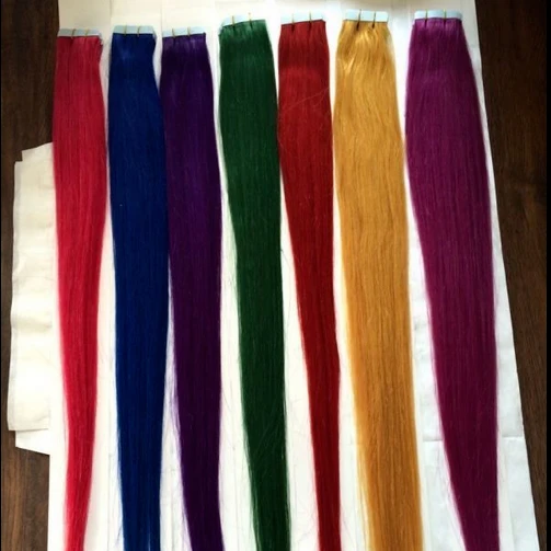 
Wholesale bone straight human hair 60cm 24inch Tape Skin Weft In human hair wigs Red Pink Green Purple Blue hair extension 