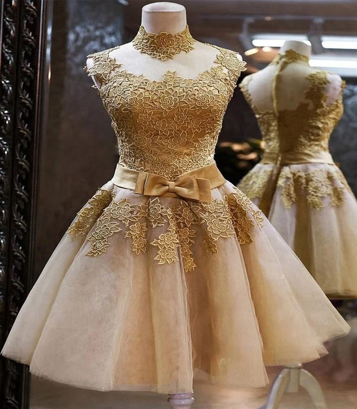 Chaozhou Women Party Short Gold Laces Evening Dress